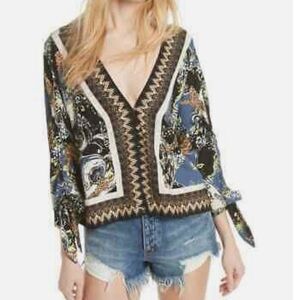 Free People Black Geometric Catch Me If You Can Boho Tie Short Sleeve Shirt